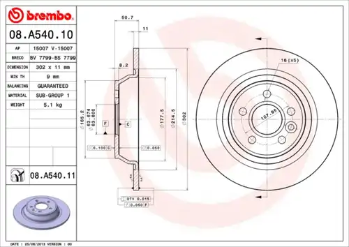 спирачен диск BREMBO 08.A540.10