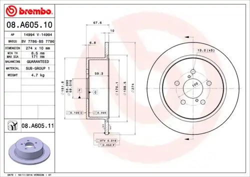 спирачен диск BREMBO 08.A605.10