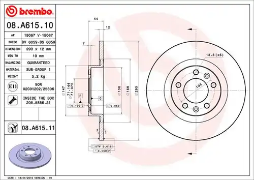 спирачен диск BREMBO 08.A615.11