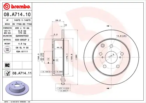 спирачен диск BREMBO 08.A714.10