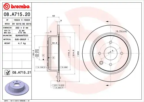 спирачен диск BREMBO 08.A715.20