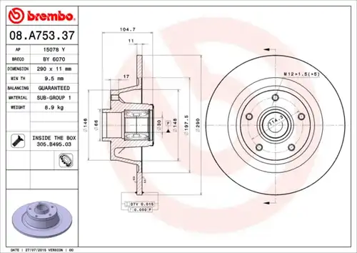 спирачен диск BREMBO 08.A753.37