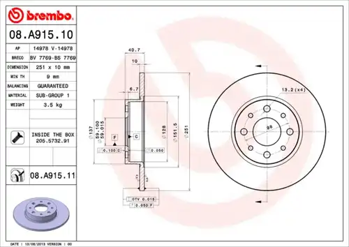 спирачен диск BREMBO 08.A915.11