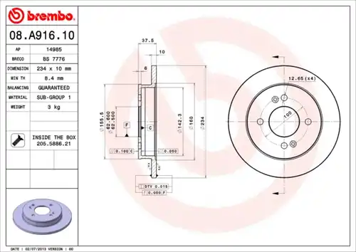 спирачен диск BREMBO 08.A916.10