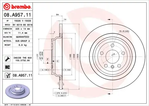 спирачен диск BREMBO 08.A957.11