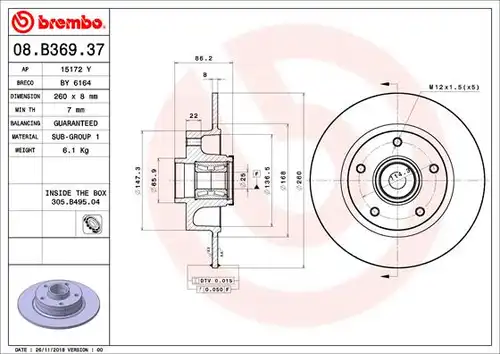 спирачен диск BREMBO 08.B369.37