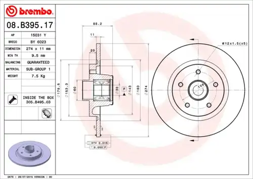 спирачен диск BREMBO 08.B395.17