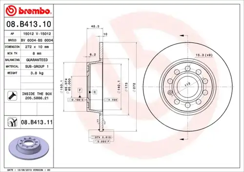 спирачен диск BREMBO 08.B413.10