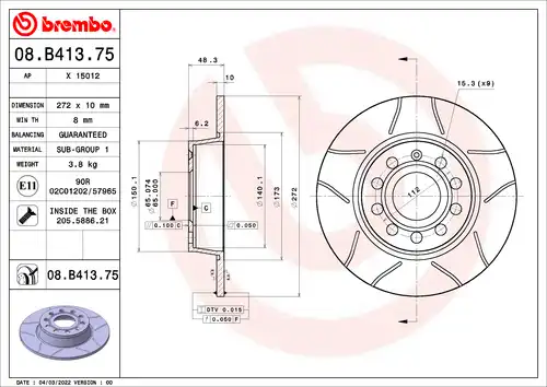 спирачен диск BREMBO 08.B413.75