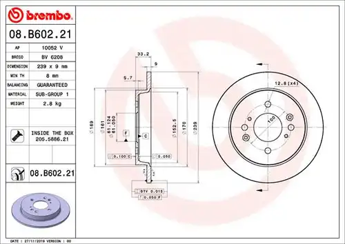 спирачен диск BREMBO 08.B602.21