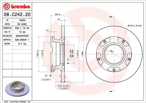 спирачен диск BREMBO 08.C242.20