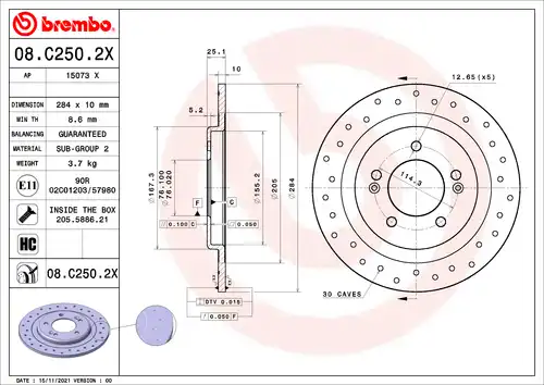 спирачен диск BREMBO 08.C250.2X