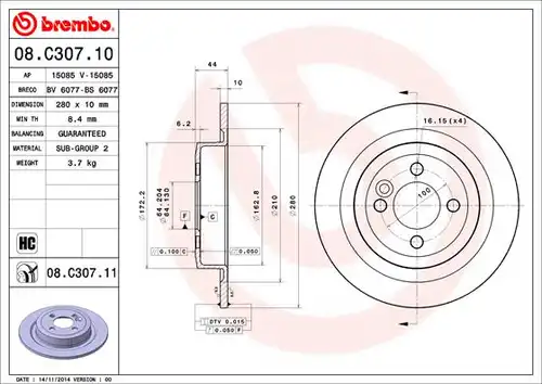 спирачен диск BREMBO 08.C307.11