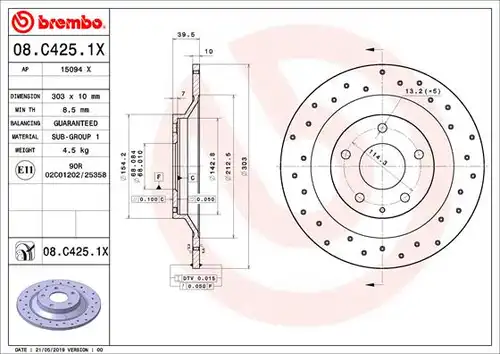 спирачен диск BREMBO 08.C425.1X