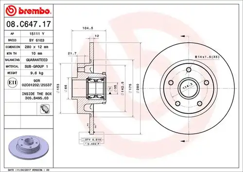 спирачен диск BREMBO 08.C647.17