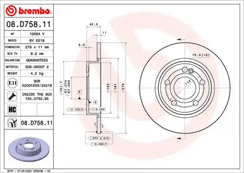 спирачен диск BREMBO 08.D758.11