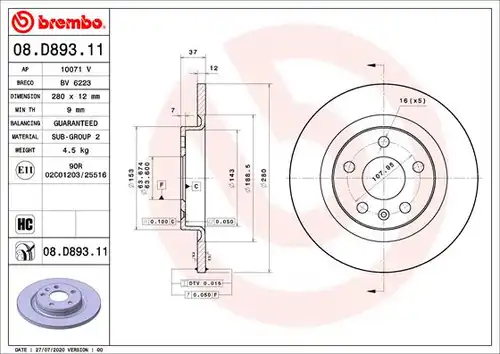 спирачен диск BREMBO 08.D893.11