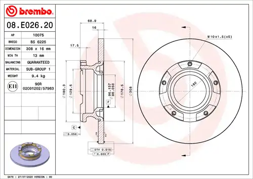 спирачен диск BREMBO 08.E026.20