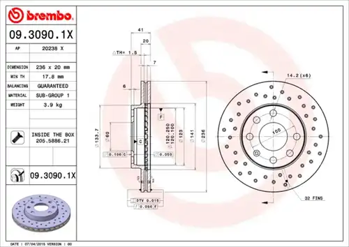 спирачен диск BREMBO 09.3090.1X