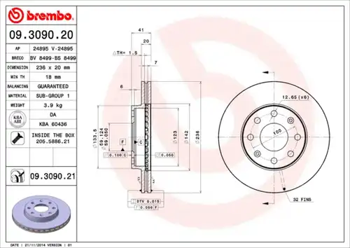 спирачен диск BREMBO 09.3090.20