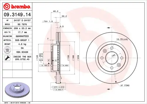 спирачен диск BREMBO 09.3149.14