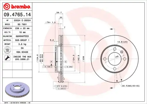 спирачен диск BREMBO 09.4765.14