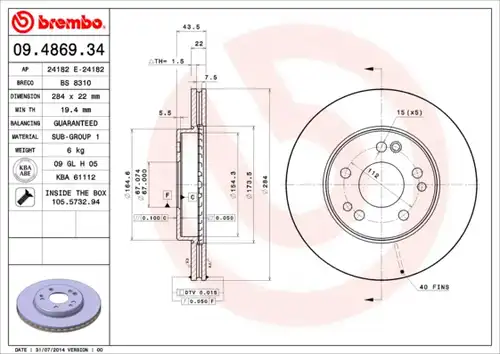 спирачен диск BREMBO 09.4869.34