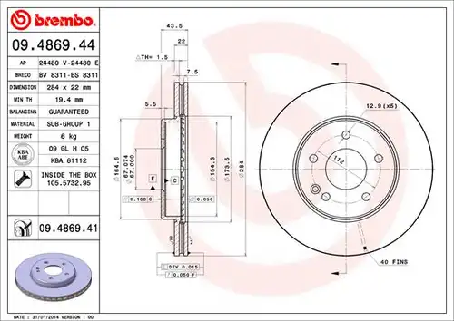 спирачен диск BREMBO 09.4869.41