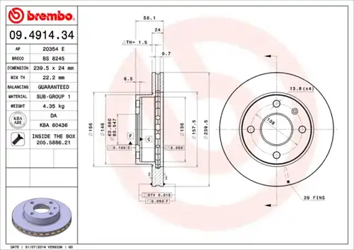 спирачен диск BREMBO 09.4914.34