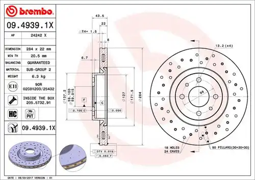 спирачен диск BREMBO 09.4939.1X