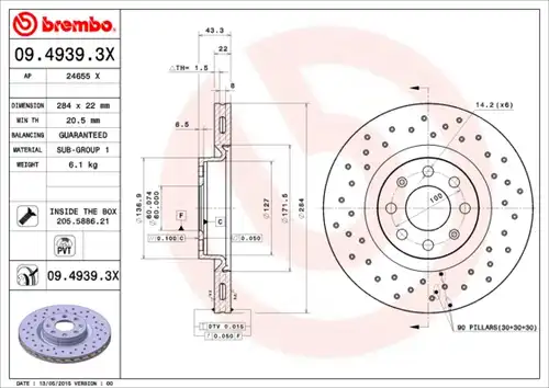 спирачен диск BREMBO 09.4939.3X