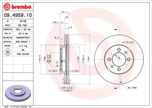 спирачен диск BREMBO 09.4959.10