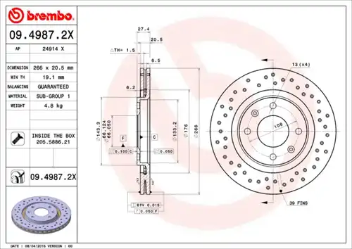 спирачен диск BREMBO 09.4987.2X