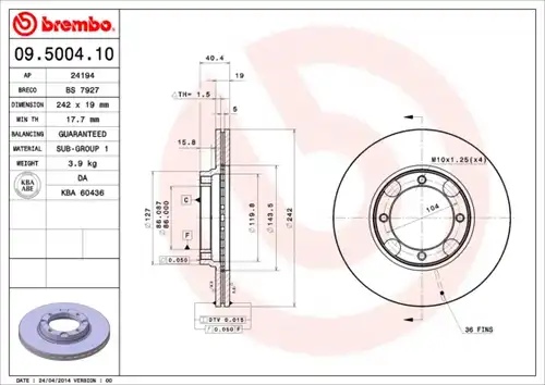 спирачен диск BREMBO 09.5004.10