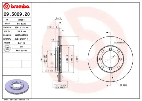 спирачен диск BREMBO 09.5009.20