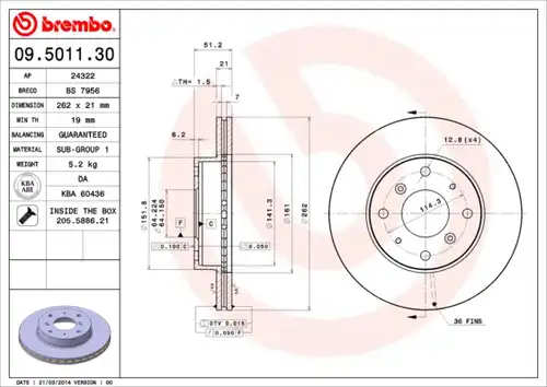 спирачен диск BREMBO 09.5011.30