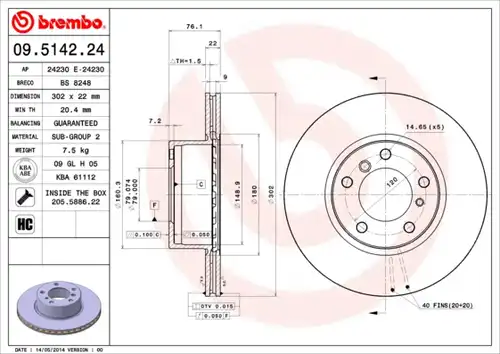 спирачен диск BREMBO 09.5142.24