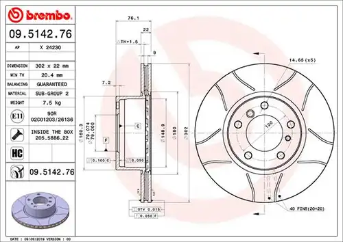 спирачен диск BREMBO 09.5142.76