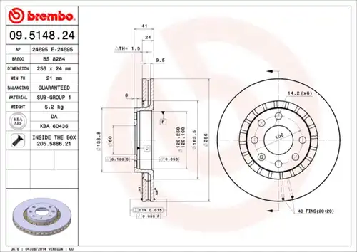 спирачен диск BREMBO 09.5148.24