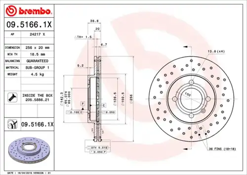 спирачен диск BREMBO 09.5166.1X