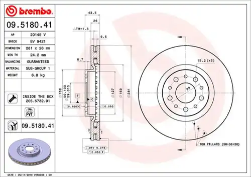 спирачен диск BREMBO 09.5180.41