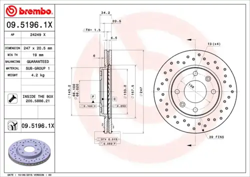 спирачен диск BREMBO 09.5196.1X