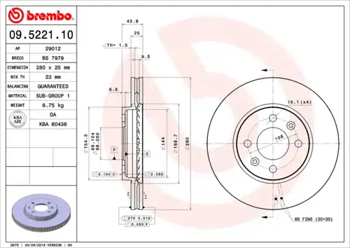 спирачен диск BREMBO 09.5221.10