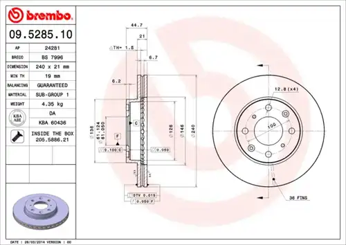 спирачен диск BREMBO 09.5285.10