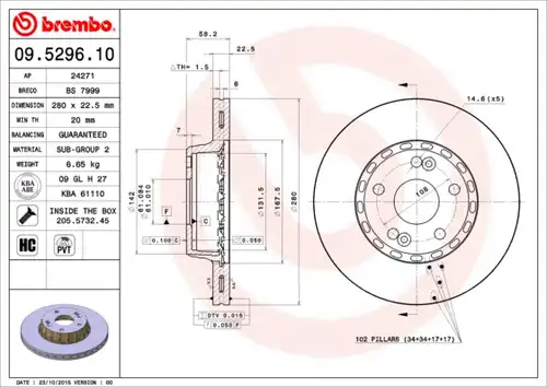 спирачен диск BREMBO 09.5296.10