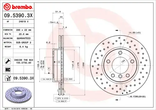 спирачен диск BREMBO 09.5390.3X