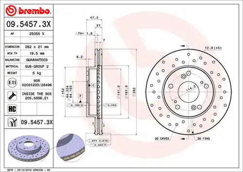 спирачен диск BREMBO 09.5457.3X