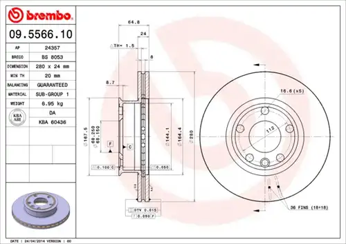 спирачен диск BREMBO 09.5566.10