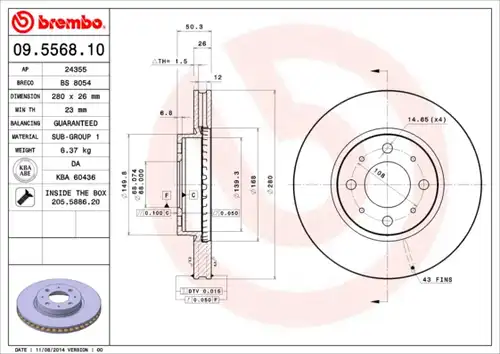 спирачен диск BREMBO 09.5568.10