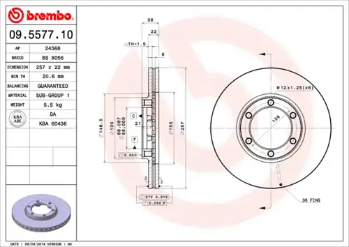 спирачен диск BREMBO 09.5577.10